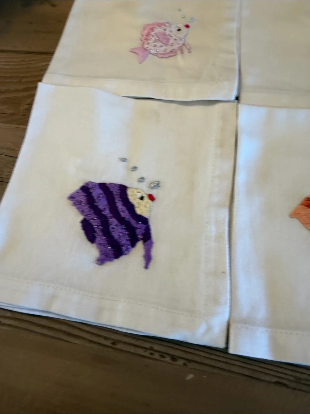 Williams-Sonoma Ivory Embroidered Beaded Fish Tropical Cotton Cocktail Napkins 4
